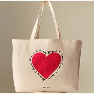 Sézane Bonjour l'Amour Limited Edition Cotton Canvas Tote Bag Red Heart Paris